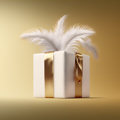 Elegant white giftbox with golden ribbon and white feathers, christmas packaging
