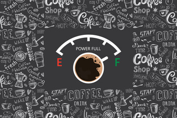Measuring scale with cup of coffee. Full energy indicator after coffee or tea break. Power full, switch on. Printable banner, web promotion poster, template. Top view.