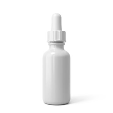 Blank white plastic cosmetic dropper bottle with transparent background. 3d render.	