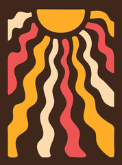 Colorful retro background. Hippie fun gift card template. Vintage 1970s wavy poster. 1960s nostalgic groovy vector illustration.