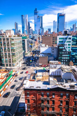 Fototapeta na wymiar New York City busy street and Hudson Yards skyline development view
