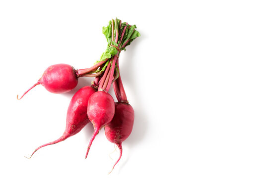 Red Radish isolated on white, healthy food. High in calcium, phosphorus and carbohydrates.
