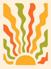 Colorful retro background. Hippie fun gift card template. Vintage 1970s wavy poster. 1960s nostalgic groovy vector illustration.