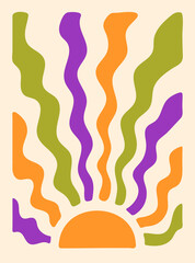 Colorful retro background. Hippie fun gift card template. Vintage 1970s wavy poster. 1960s nostalgic groovy vector illustration.