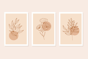 Fototapeta na wymiar Set of hand draw floral line art with abstract shape.Minimal botanical wall art.Abstract line art composition with leaves.Postcards or Covers, Prints, Posters.