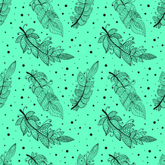 Colorful creative feather seamless pattern. Vector artistic illustration.	