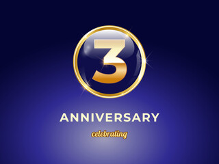 Vector graphic of 3 years golden anniversary logo with round blue glossy button with gold ring frame on dark blue gradient background. Good design for Congratulation celebration event, birthday, etc.