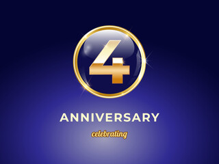 Vector graphic of 4 years golden anniversary logo with round blue glossy button with gold ring frame on dark blue gradient background. Good design for Congratulation celebration event, birthday, etc.