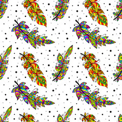 Colorful creative feather seamless pattern. Vector artistic illustration.