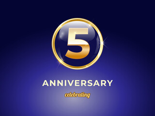 Vector graphic of 5 years golden anniversary logo with round blue glossy button with gold ring frame on dark blue gradient background. Good design for Congratulation celebration event, birthday, etc.