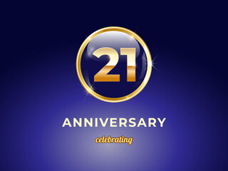 Vector graphic of 21 years golden anniversary logo with round blue glossy button with gold ring frame on dark blue gradient background. Good design for Congratulation celebration event, birthday, etc.