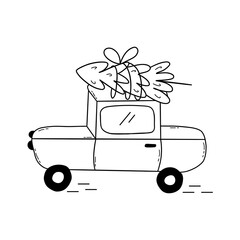 Cute passenger car carries Christmas tree home for Christmas and New Year on the roof. Black and white vector isolated illustration hand drawn doodle. Winter holiday season, eve