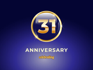 Vector graphic of 31 years golden anniversary logo with round blue glossy button with gold ring frame on dark blue gradient background. Good design for Congratulation celebration event, birthday, etc.
