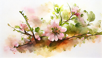 Digital illustration of watercolor cherry blossom on a branch. Sakura pink flowers on a tree branch.