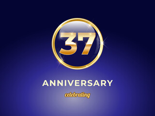 Vector graphic of 37 years golden anniversary logo with round blue glossy button with gold ring frame on dark blue gradient background. Good design for Congratulation celebration event, birthday, etc.