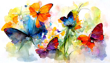 Watercolor illustration of rainbow colored butterflies. Raindbow butterflies illustration.