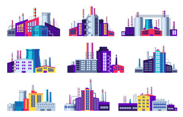 Power stations and factories. Electricity energy industrial buildings, manufacturing warehouse construction urban factory plant icons. Vector cartoon set
