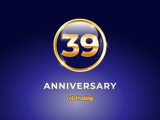 Vector graphic of 39 years golden anniversary logo with round blue glossy button with gold ring frame on dark blue gradient background. Good design for Congratulation celebration event, birthday, etc.