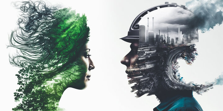 Climate change and global warming prevention concept shown by people devotion to save our planet against dirty industry, air pollution and carbon dioxide emission presented with double exposure image