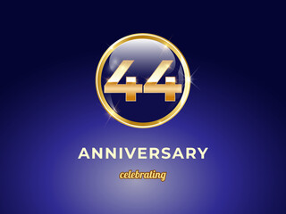 Obraz premium Vector graphic of 44 years golden anniversary logo with round blue glossy button with gold ring frame on dark blue gradient background. Good design for Congratulation celebration event, birthday, etc.