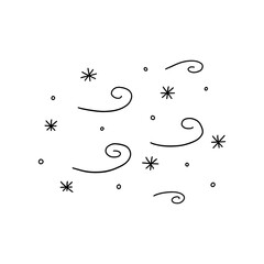 Snow and blizzard with wind direction. Black and white vector isolated illustration hand drawn doodle. Weather forecast. Cyclone, snow storm, winter season