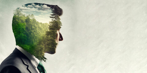 Fototapeta Concept of green business devotion, environment caring, business sustainability and global warming protection shown by businessman and green forest trees double exposure image obraz