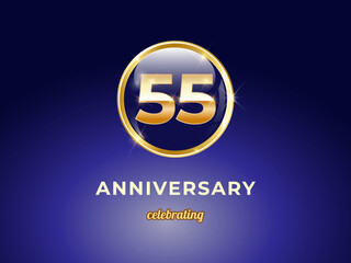 Vector graphic of 55 years golden anniversary logo with round blue glossy button with gold ring frame on dark blue gradient background. Good design for Congratulation celebration event, birthday, etc.