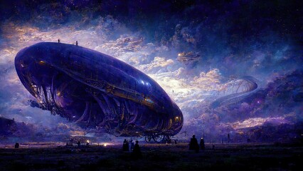 Obraz na płótnie Canvas Alien spaceship on wast landscape of distant planet, SF concept, violet and blue color