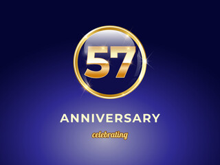 Vector graphic of 57 years golden anniversary logo with round blue glossy button with gold ring frame on dark blue gradient background. Good design for Congratulation celebration event, birthday, etc.