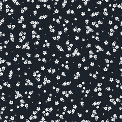 Cute floral pattern. Seamless vector texture. An elegant template for fashionable prints. Print with small white flowers and leaves. black background.