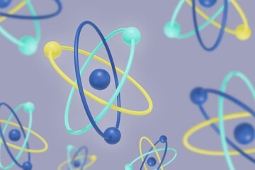 Blue background with atomic nuclei. 3D rendering of a model of the central particle of matter. Minimalist modern design.