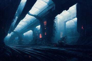 Lifeless gloomy underground city landscape with futuristic dystopia setting. Spectacular cyberpunk sci-fi mechanical structure or subway station in dark scifi metropolis. Digital art 3D illustration. - obrazy, fototapety, plakaty