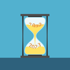 2022 changing to 2023 inside hourglass. New year, time, anticipation, celebration, deadline, start and end concept. Flat design. Vector illustration. EPS 8, no gradients, no transparency
