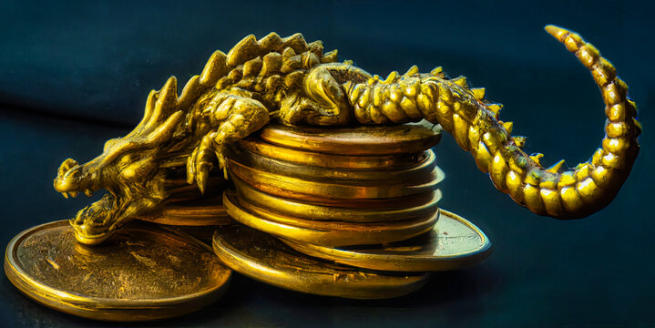 Illustration of a golden dragon statue sleeping on top of golden coins