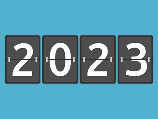 New 2023 year flip board on blue. Counting, anticipation, time and countdown concept. Flat design. Vector illustration. EPS 8, no gradients, no transparency
