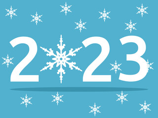 2023 with snowflakes. New Year, Christmas, holiday, celebration, greeting card or poster. Flat design. Vector illustration. EPS 8, no gradients, no transparency