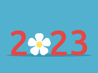 2023 number with daisy or camomile flower. New Year, nature, ecology, environment, romance, spring and summer season concept. Flat design. Vector illustration. EPS 8, no gradients, no transparency