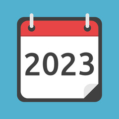 2023 ring binder on blue background. Year, start, future, holiday eve, anticipation, time, deadline concept. Flat design. Vector illustration. No gradients, no transparency