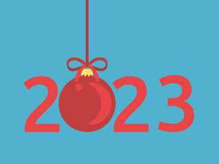 2023 text with red Christmas ball on blue. New Year, holiday and celebration concept. Flat design. Vector illustration. No gradients, no transparency