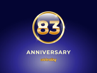 Vector graphic of 83 years golden anniversary logo with round blue glossy button with gold ring frame on dark blue gradient background. Good design for Congratulation celebration event, birthday, etc.