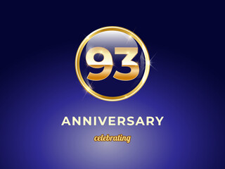 Vector graphic of 93 years golden anniversary logo with round blue glossy button with gold ring frame on dark blue gradient background. Good design for Congratulation celebration event, birthday, etc.