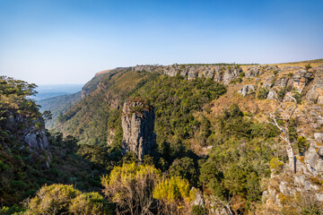 The Pinnacle Rock, a tower-like freestanding quartzite buttress which rises 30 m above the dense indigenous forest in Mpumalanga, South Africa.
