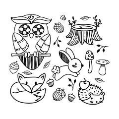 Nature hand drawn vector sketch. Collection of forest plants and animals. Mushroom, grass, hazelnuts, berries, fox, owl, hedgehog, rabbit