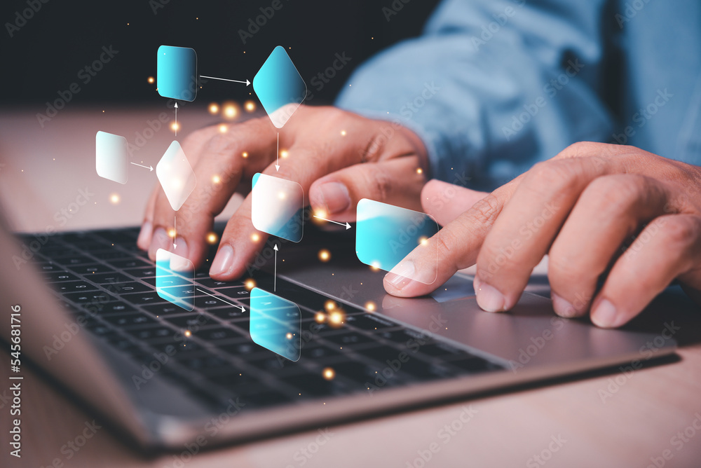 Fototapete man hand using laptop manage flow chart function on virtual screen