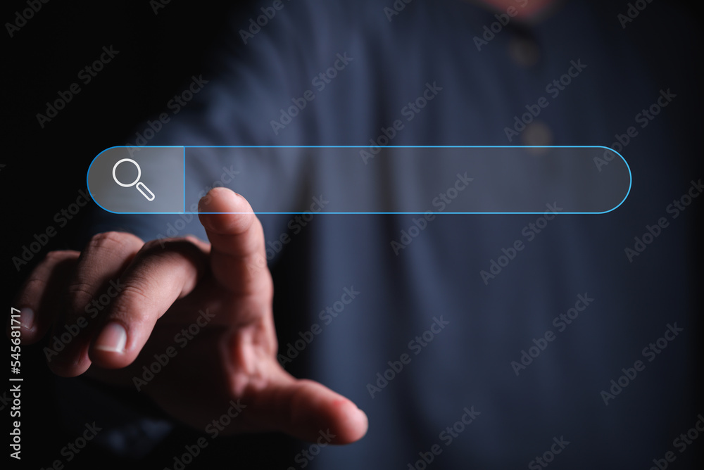 Poster man hand point on search box for information in a virtual search screen box