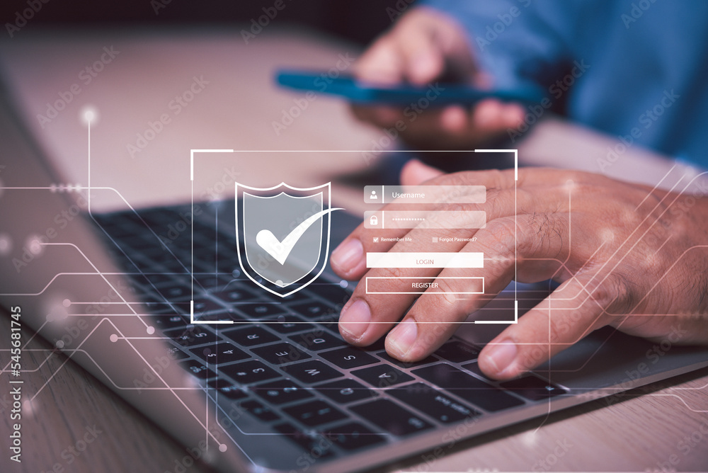 Poster business man using smart phone pin access highly secure login on laptop,virtual login screen information,secure Internet access, cybersecurity