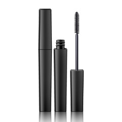 Obraz premium Mascara tube and a wand applicator. Cosmetic black bottle with eyelash brush. Isolated on white background. Realistic vector for web design, banners, posters, ad, advertising.
