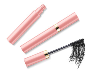 Mascara and black brush stroke, cosmetic object, beauty concept. Realistic 3d vector illustration, isolated on white background. Mascara fashion banner, template for advertising or magazine page.
