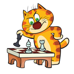 smart ginger cat plays big chess and frowns his eyebrows cutely, cartoon illustration, isolated object on white background, vector,