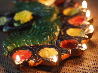 festival of lights in India. Beautiful lights during Diwali festival. Seasonal greetings for new year. Background for seasonal greetings.